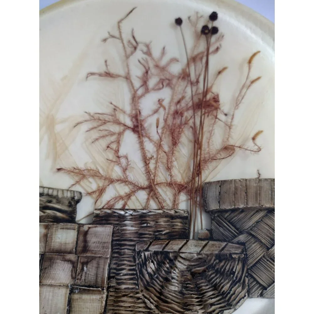 Vintage Acrylic Resin Lucite Trivet With Dried Flowers & Basket 7.5